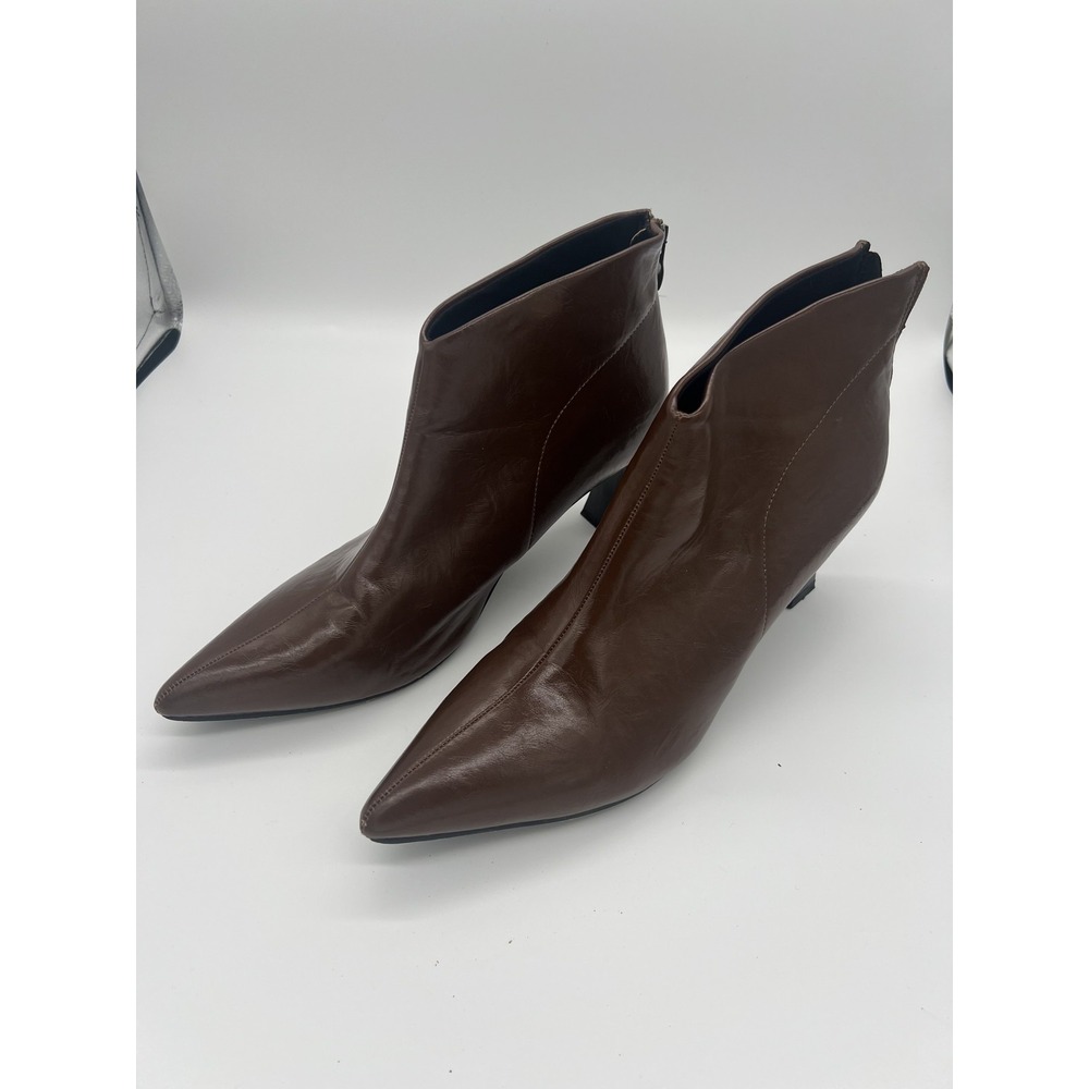 Women's Brown Faux Leather Pointed Toe Ankle Boots Block Heel Booties Size EU 43
